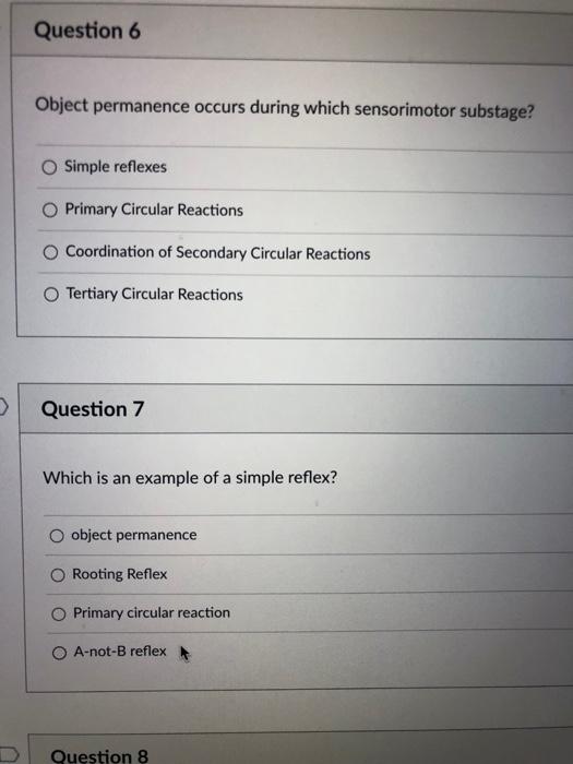 Solved Object permanence occurs during which sensorimotor Chegg