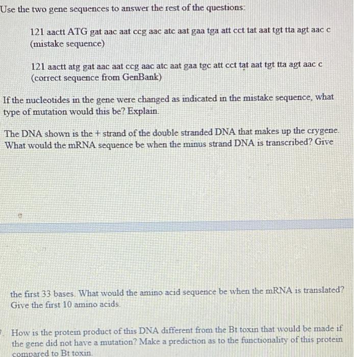 Solved Use The Two Gene Sequences To Answer The Rest Of The | Chegg.com