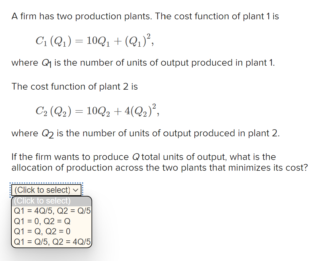 Solved A firm has two production plants. The cost function | Chegg.com