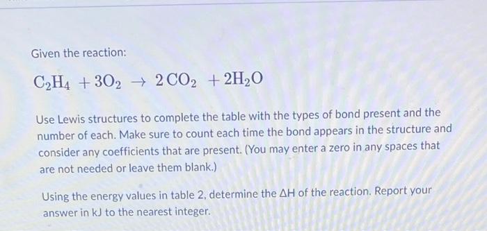 Solved Given the reaction C2H4 3O2 2CO2 2H2O Use Lewis Chegg