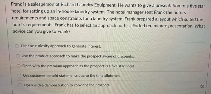 Solved Frank is a salesperson of Richard Laundry Equipment. | Chegg.com