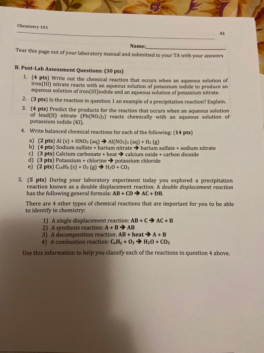 Solved Chemistry 101 Name Tear this page out of your