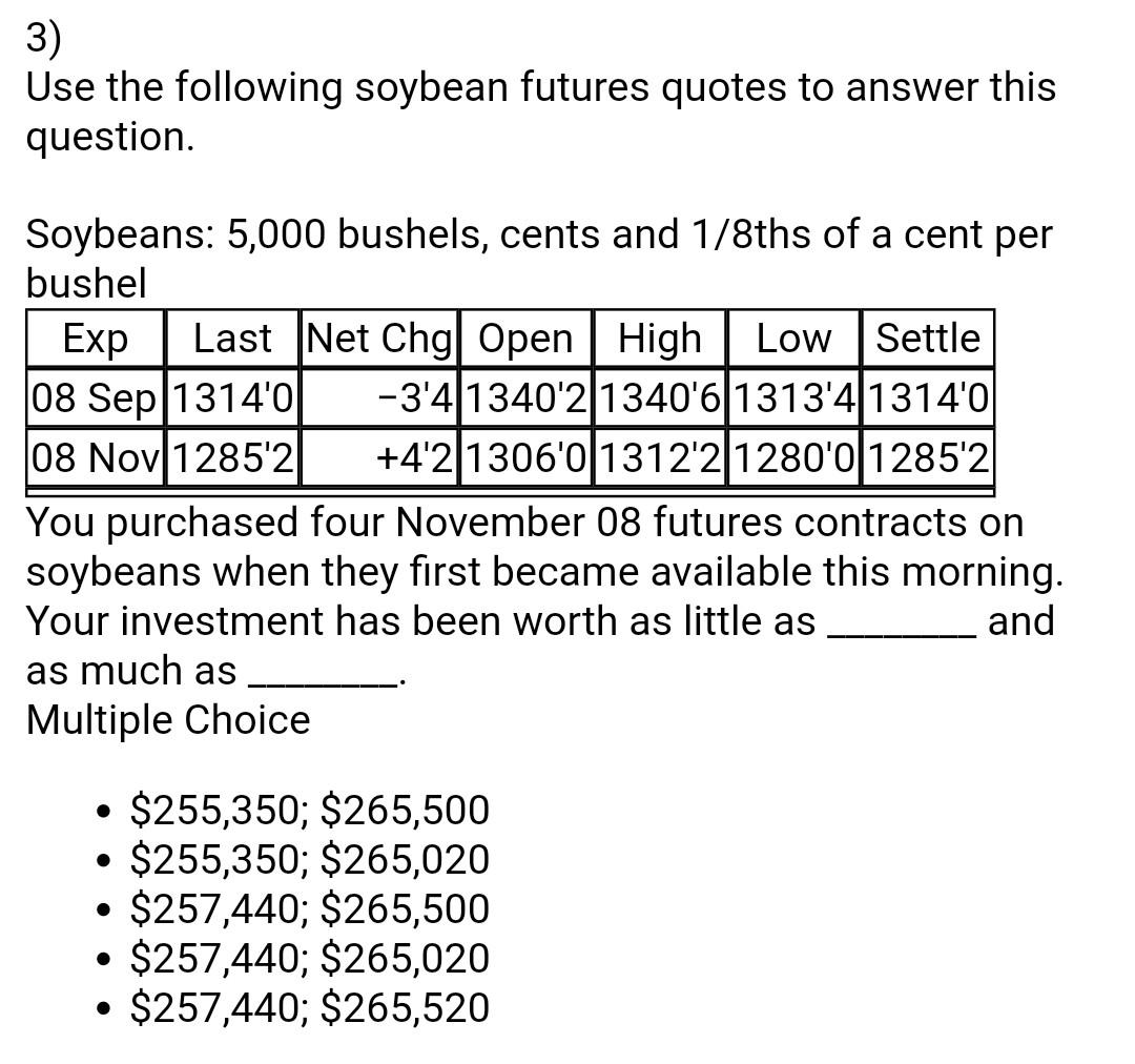 Solved Use the following soybean futures quotes to answer