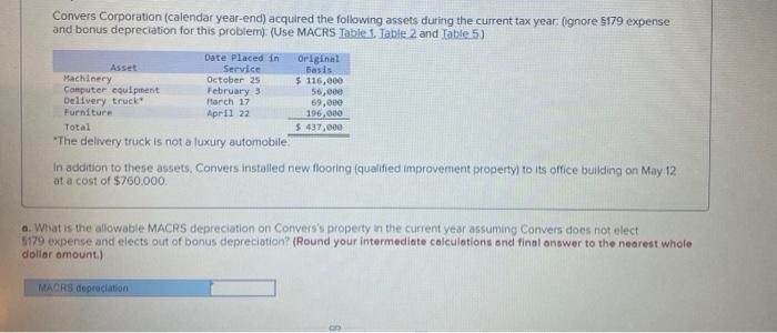 Solved Convers Corporation calendar year-end) acquired the | Chegg.com