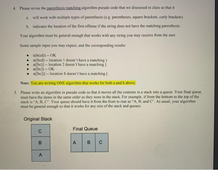 Solved 4. Please revise the parenthesis matching algorithm | Chegg.com