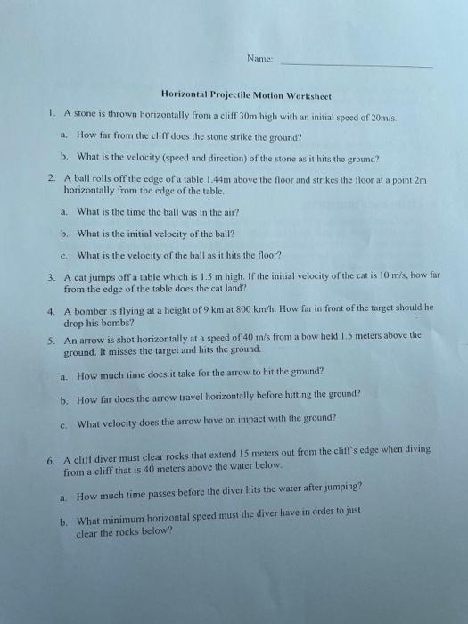 Solved Name: Horizontal Projectile Motion Worksheet 1. A | Chegg.com