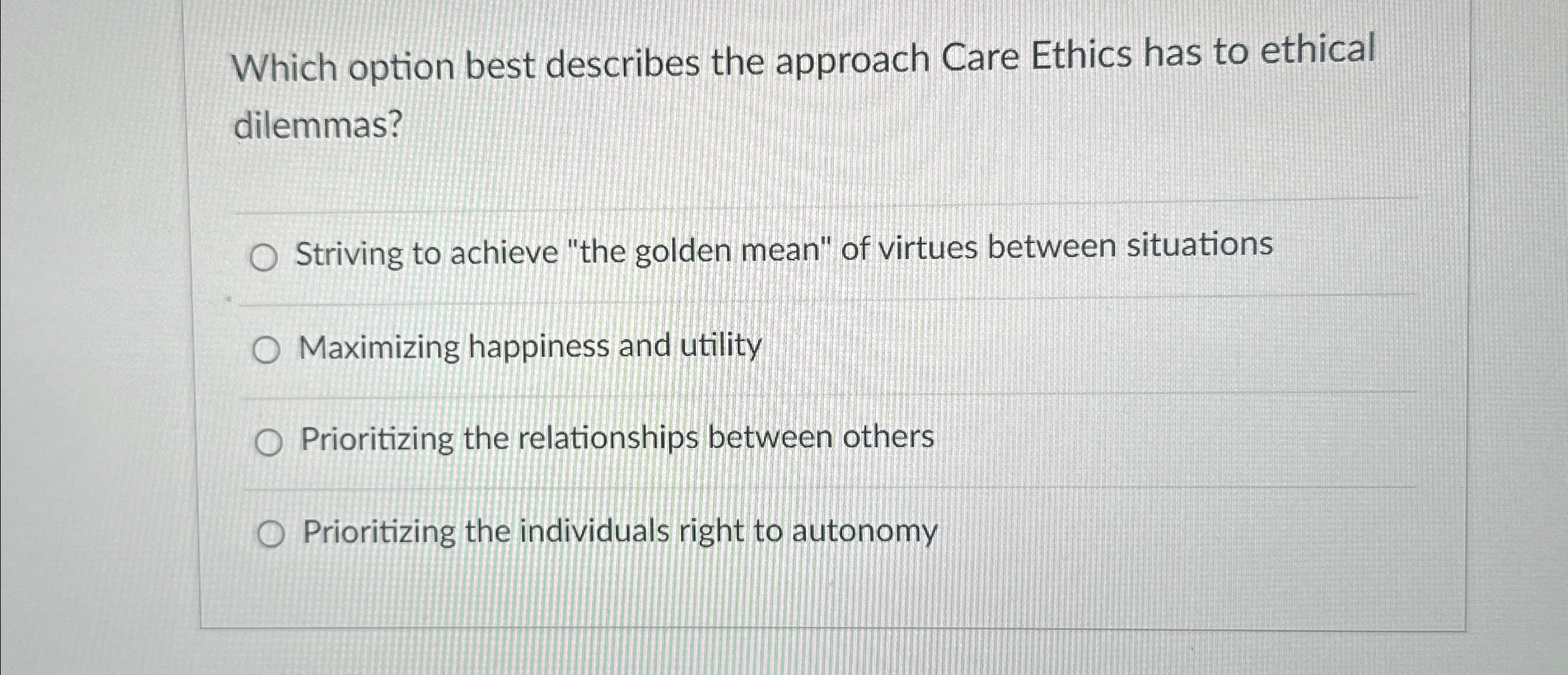 Solved Which option best describes the approach Care Ethics | Chegg.com
