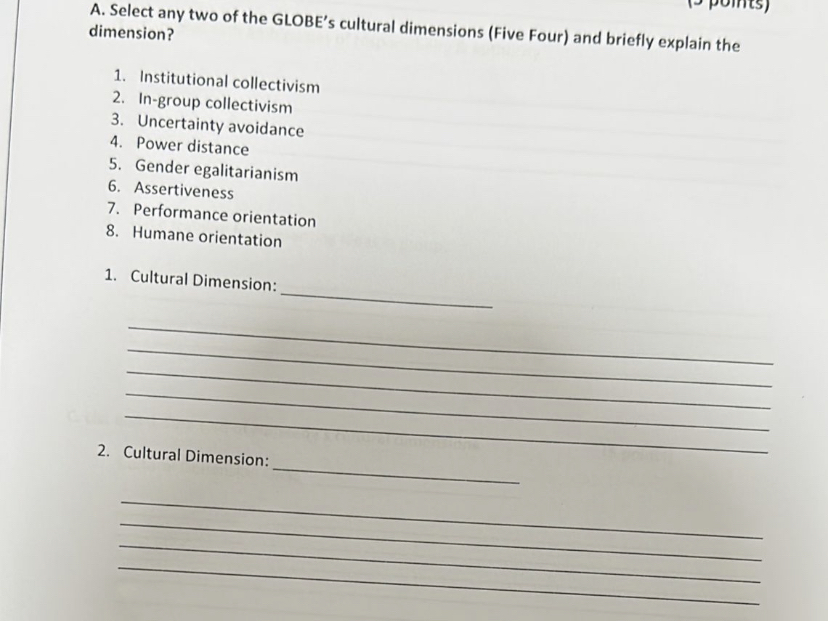 Solved A. ﻿Select any two of the GLOBE's cultural dimensions | Chegg.com