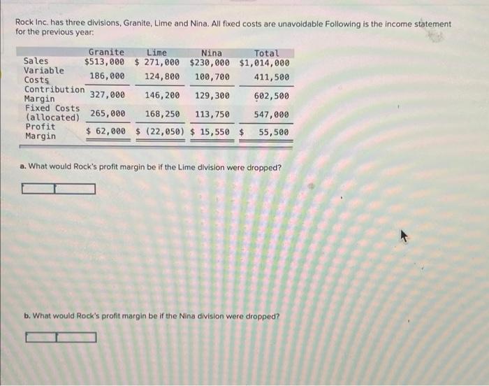 Solved Rock Inc. has three divisions, Granite, Lime and
