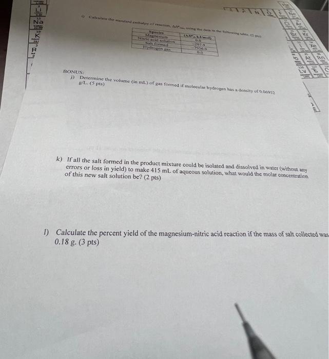 Solved BONUS: j) Determine the volume (in mL ) of gas formed | Chegg.com