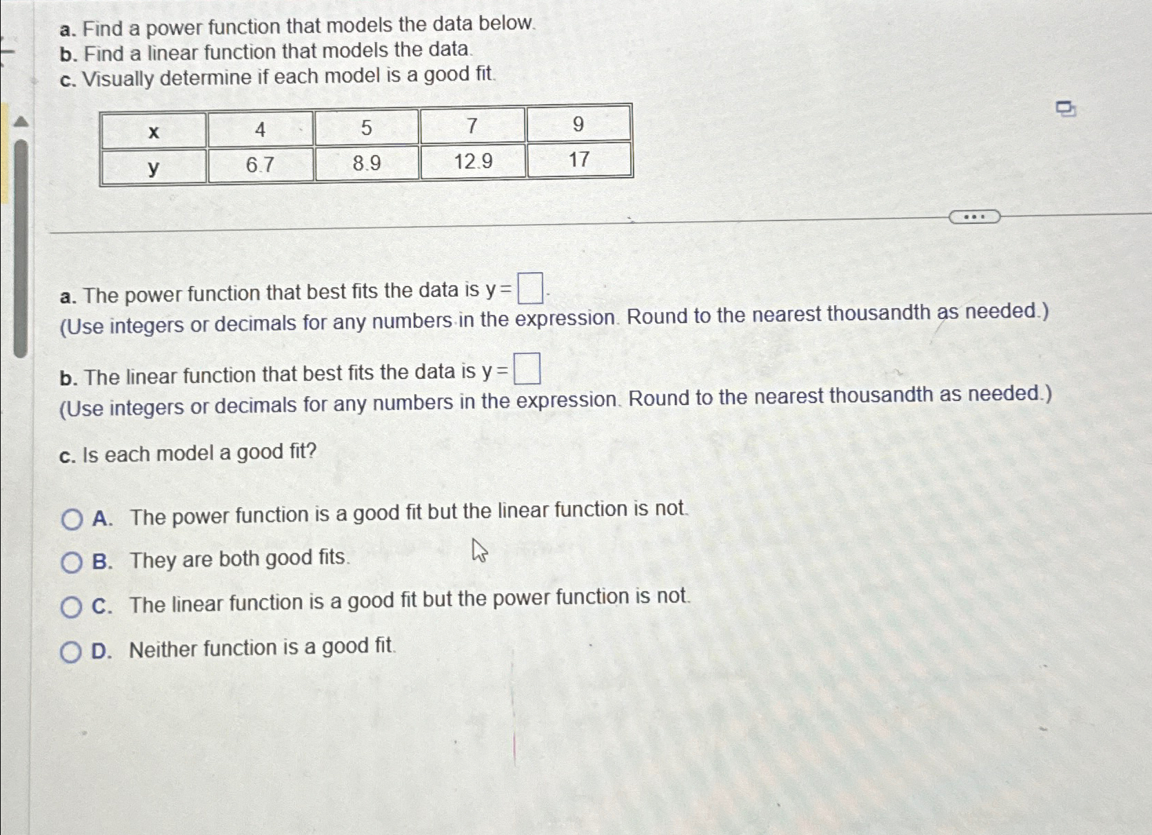 Solved A. ﻿Find A Power Function That Models The Data | Chegg.com