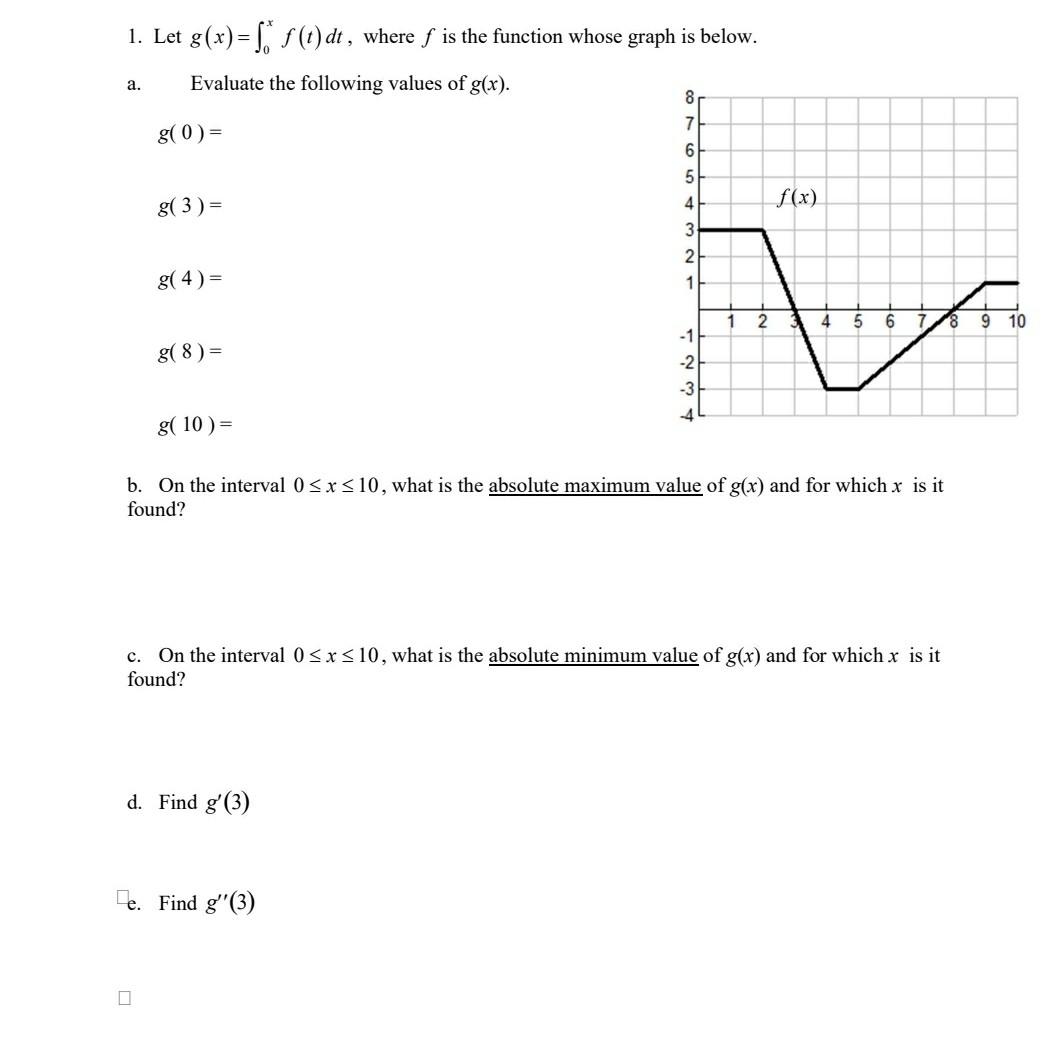 Solved 1. Let g(x) = L* $(t)dt, where ſ is the function | Chegg.com