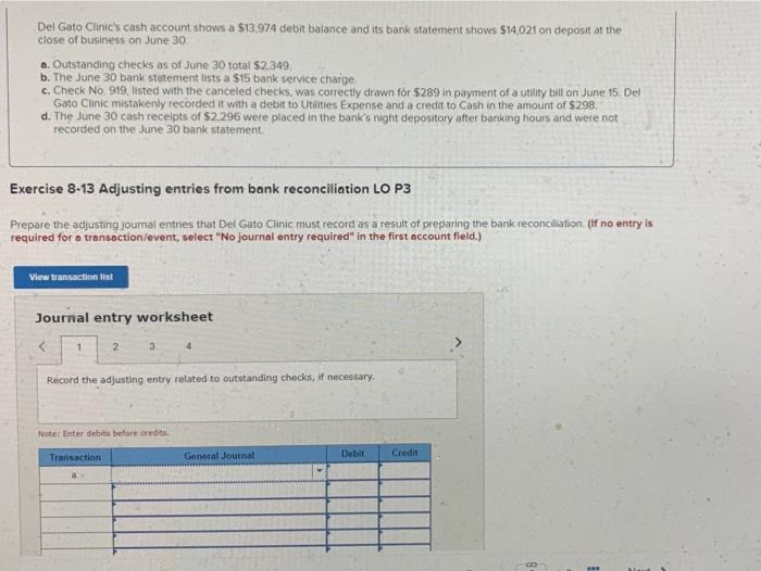 solved-del-gato-clinic-s-cash-account-shows-a-13-974-debit-chegg