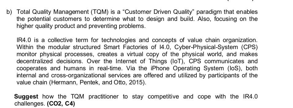 Solved O) Total Quality Management (TQM) Is A "Customer | Chegg.com