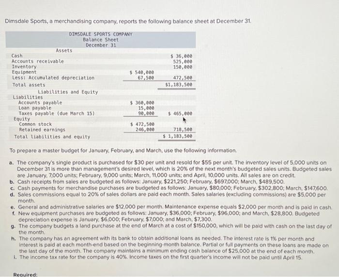 Dimsdale Sports, a merchandising company, reports the