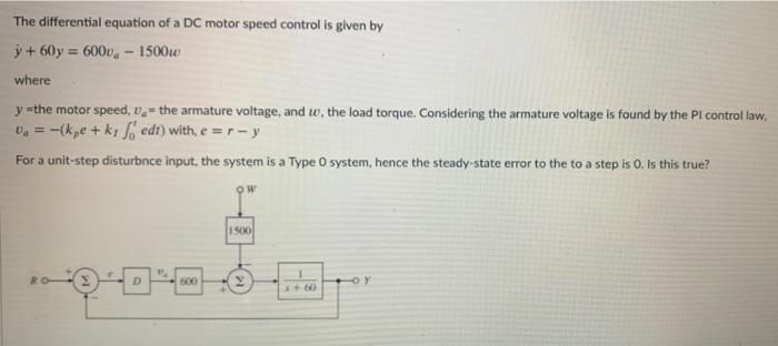 Solved The differential equation of a DC motor speed control | Chegg.com