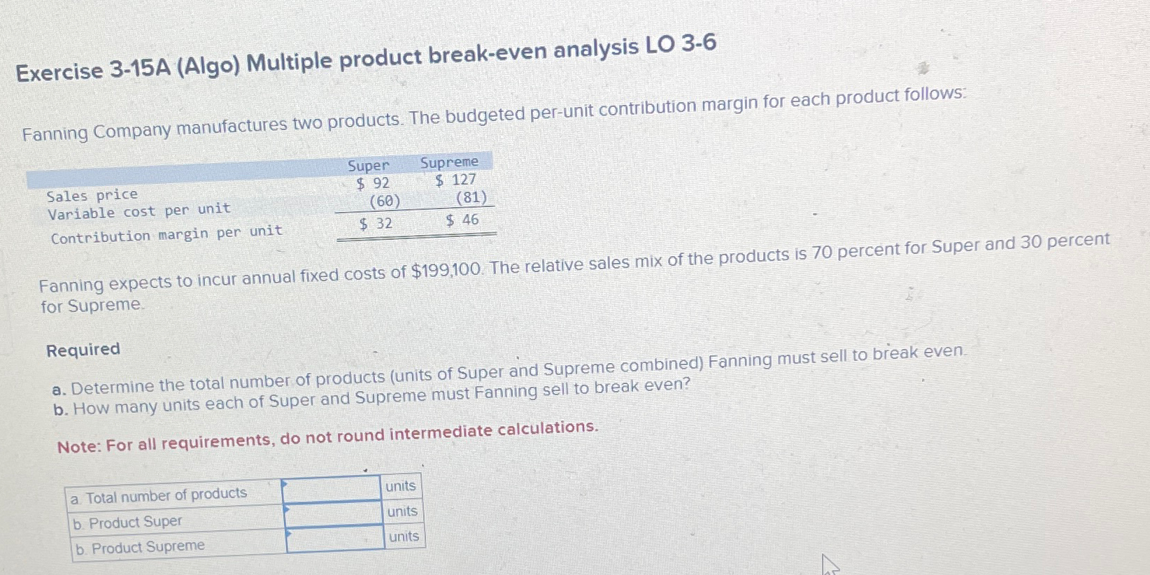 Solved Exercise 3-15A (Algo) ﻿Multiple Product Break-even | Chegg.com