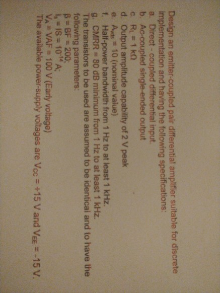 Design an emitter-coupled pair differential amplifier | Chegg.com