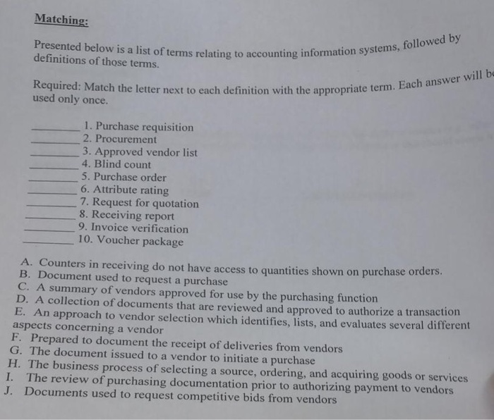 Solved Matching: Presented below is a list of terms relating | Chegg.com