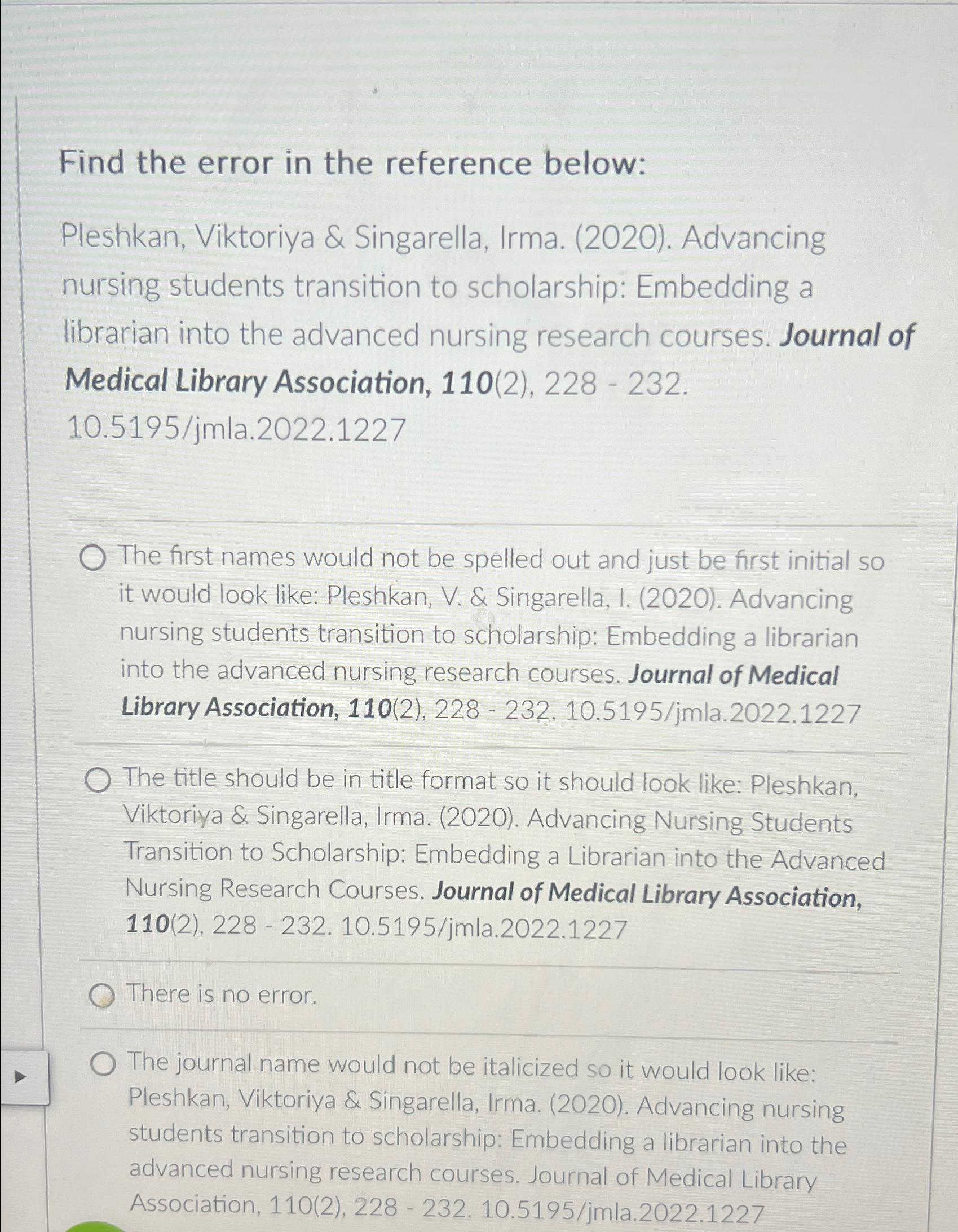 Solved Find the error in the reference below:Pleshkan, | Chegg.com