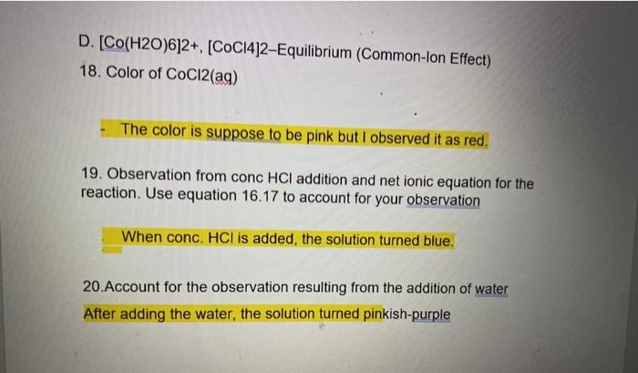 Solved so the reaction is CoCl2 + HCl, im assuming since we | Chegg.com