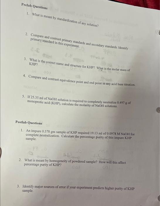 Solved Prelab Questions 1. What is meant by standardization | Chegg.com