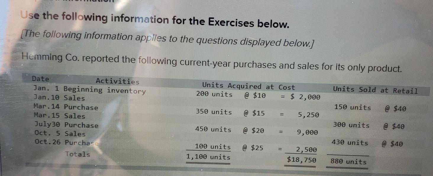Solved Use the following information for the Exercises | Chegg.com