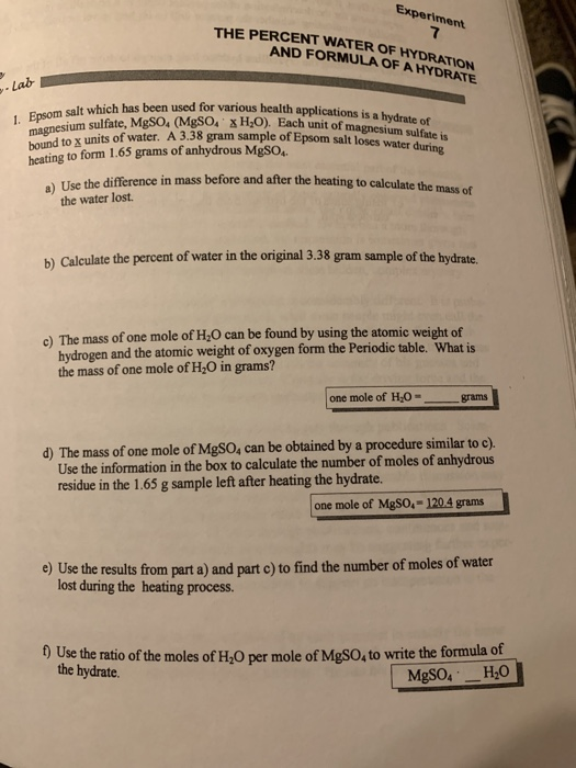 Solved Experiment THE PERCENT WATER OF HYDRATION AND FORMULA