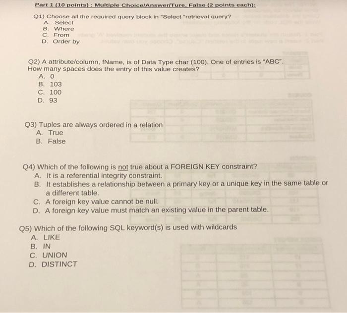 Solved Part 1 (10 points): Multiple Choice Answer/Ture, | Chegg.com