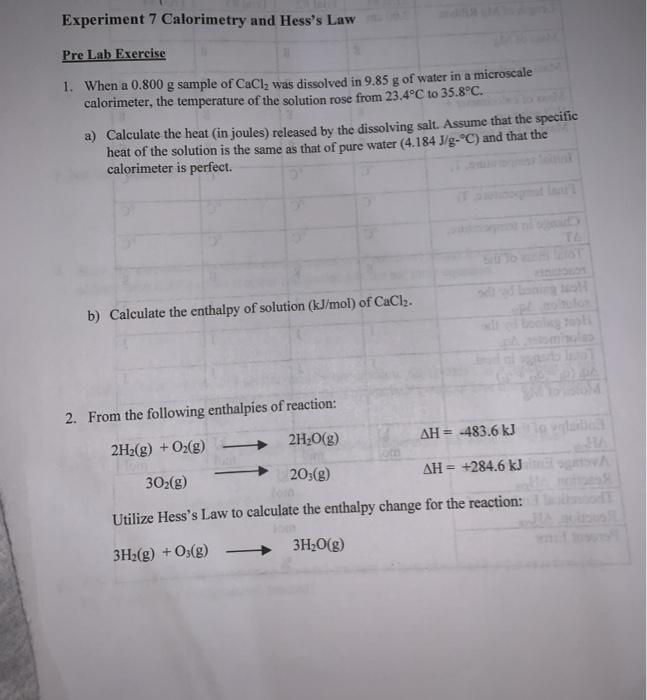 Solved Experiment 7 Calorimetry and Hess's Law Pre Lab