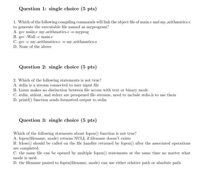 Solved Question 1: single choice (5 pts) 1. Which of the | Chegg.com
