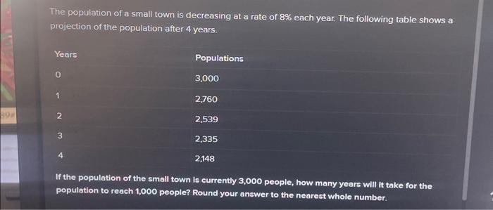 Solved 89# The population of a small town is decreasing at a | Chegg.com