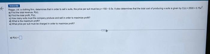 Solved a) Find the total revenue. R(x). b) Find the sotal | Chegg.com