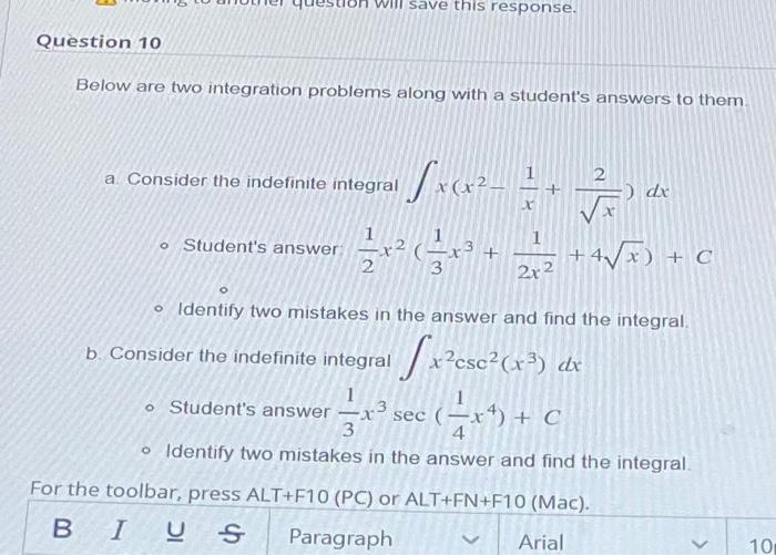 Solved ruestion 10 Below are two integration problems along | Chegg.com