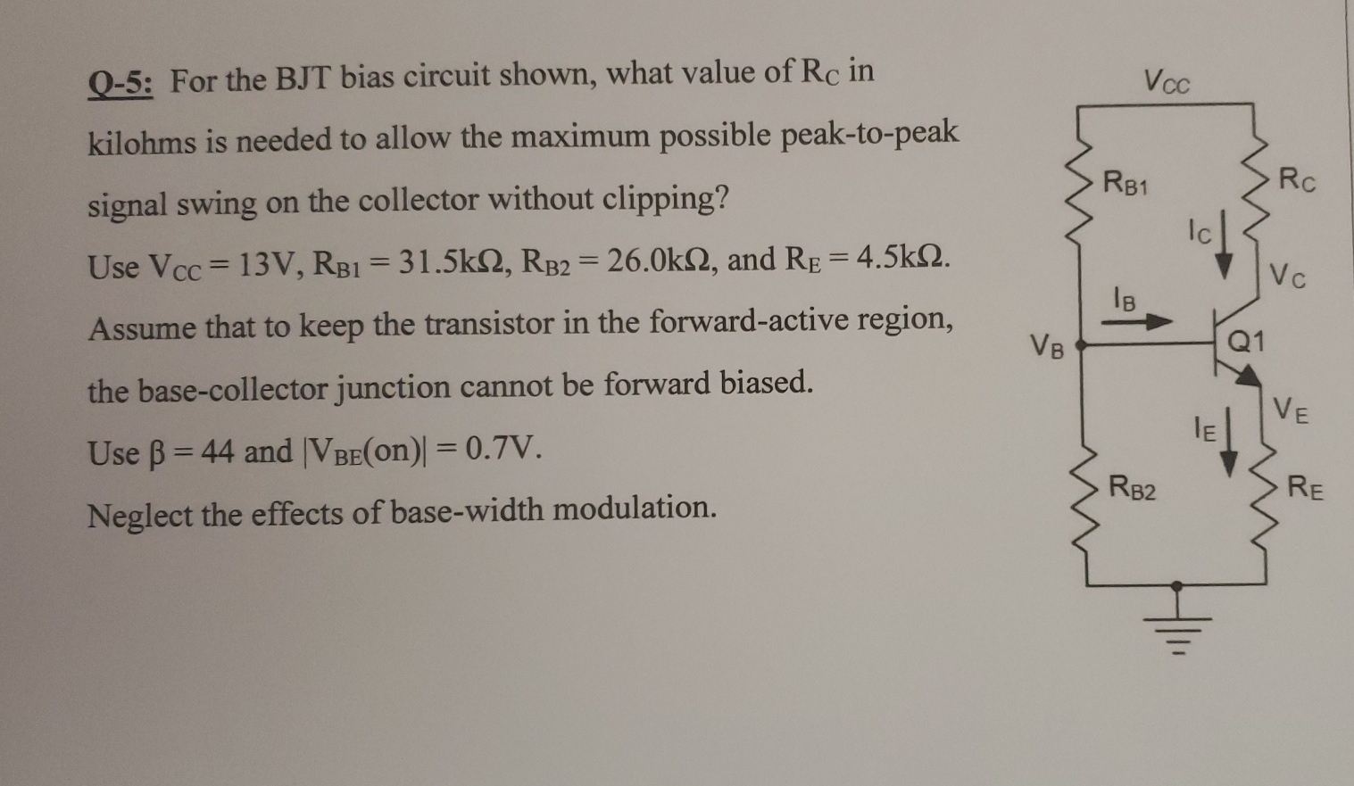 Solved Q-5: For the BJT bias circuit shown, what value of RC | Chegg.com