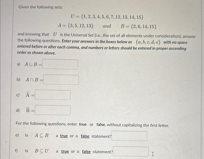 Solved Given The Following Sets: | Chegg.com