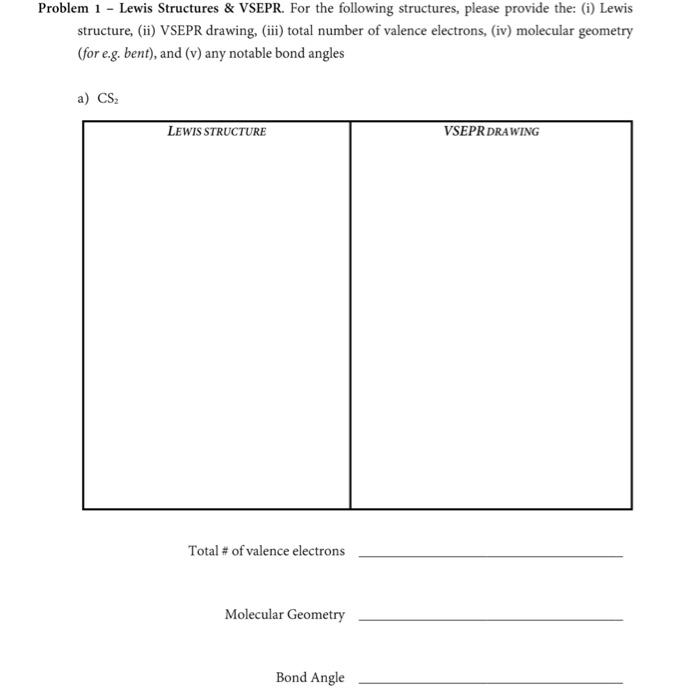 Solved Problem 1 - Lewis Structures \& VSEPR. For the | Chegg.com