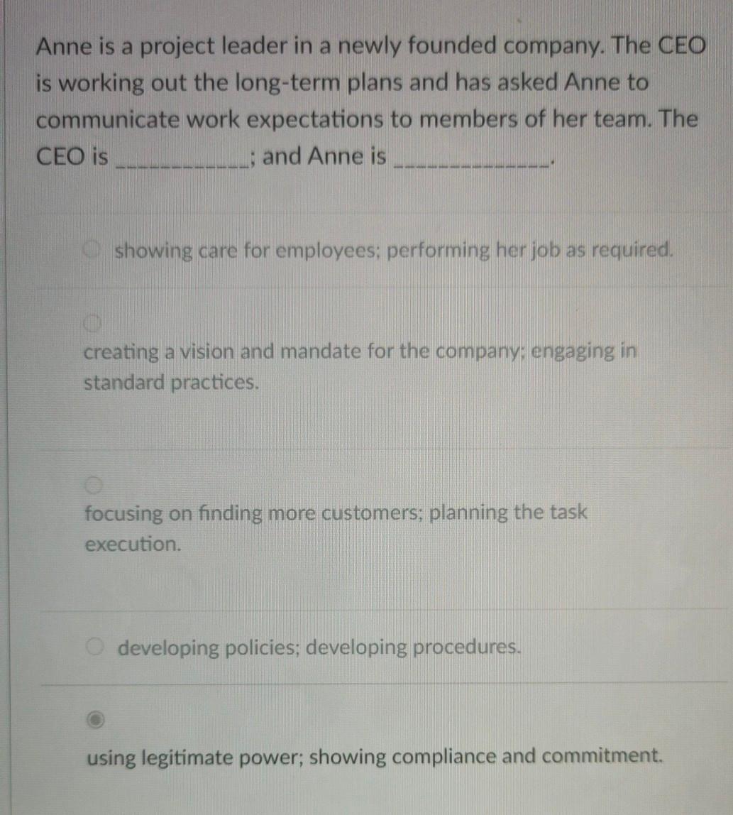 Solved Anne is a project leader in a newly founded company. | Chegg.com