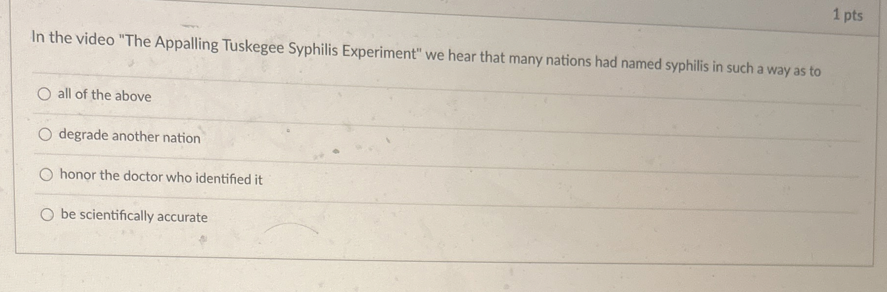 Solved 1 ﻿ptsIn the video "The Appalling Tuskegee Syphilis | Chegg.com