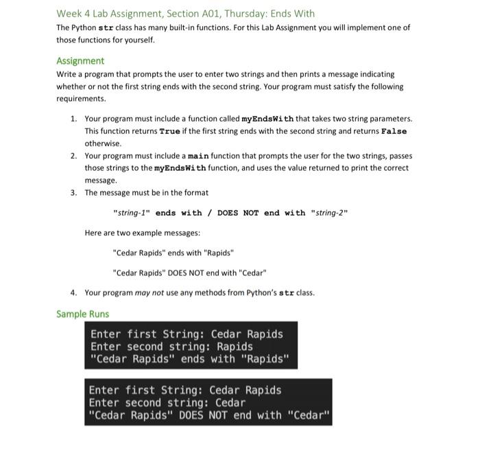 Solved Week 4 Lab Assignment, Section 101, Thursday: Ends | Chegg.com