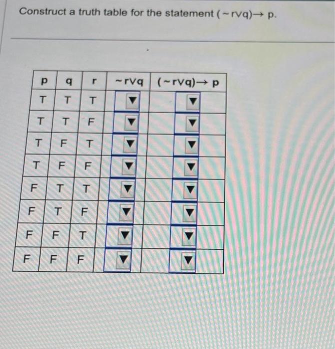 Solved Construct a truth table for the statement (∼rvq)→p. | Chegg.com