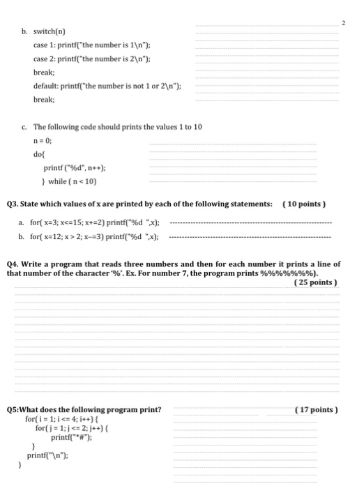 Solved 2 B Switch N Case 1 Printf The Number Is 1 N Chegg Com