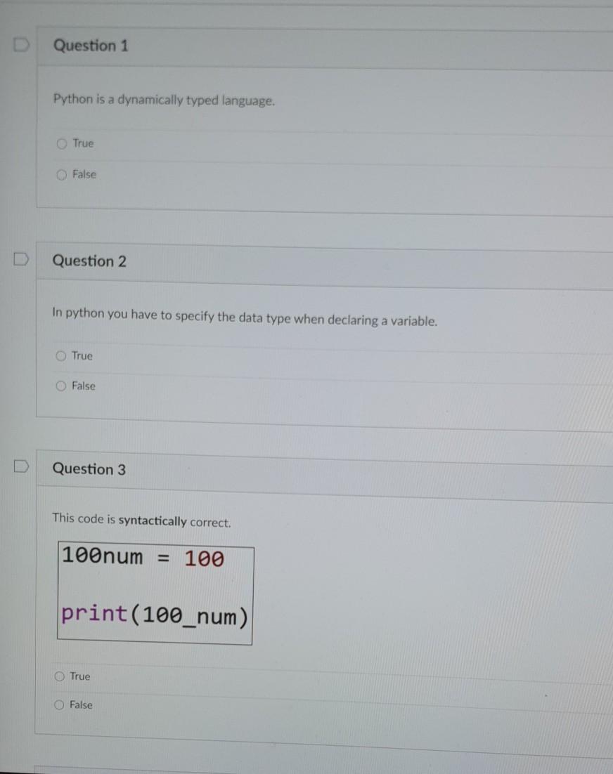 Solved Question 1 Python is a dynamically typed language. | Chegg.com