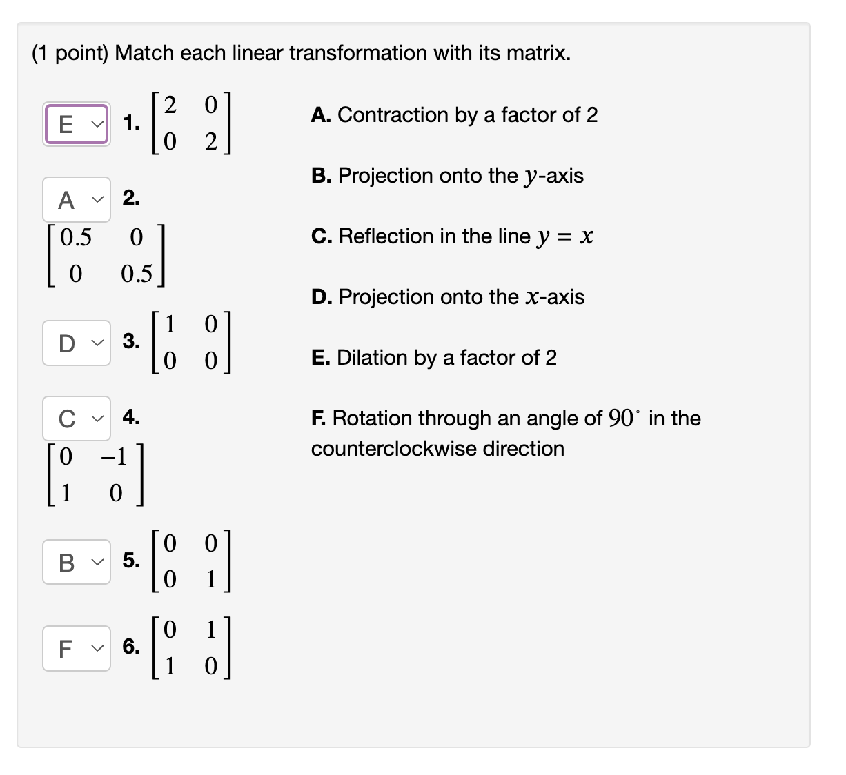 Match Transformations Solved by an EXPERT (1 point) Match each linear transformation with ...
