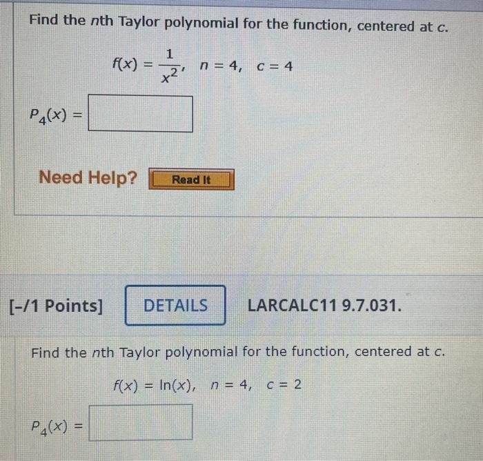 Solved Find the nth Taylor polynomial for the function, | Chegg.com