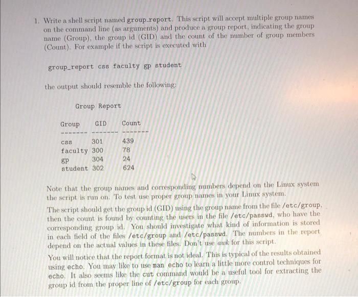 Solved 1. Write a shell script named group.report. This | Chegg.com