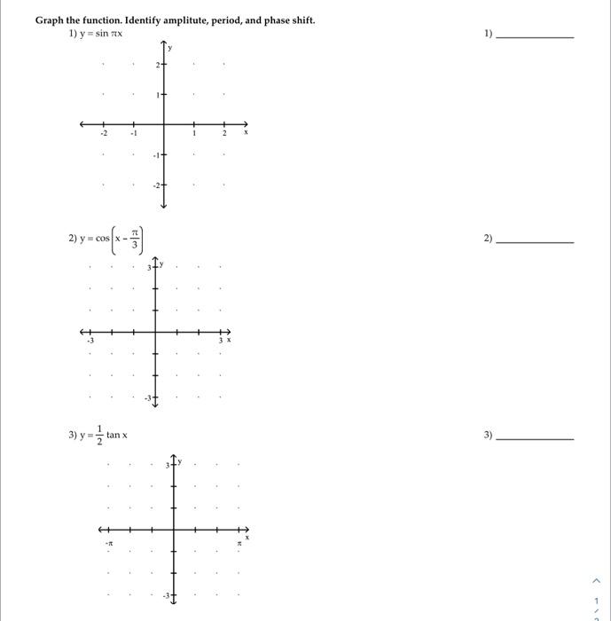 Graph the function. Identify amplitute, period, and phase shift. 1) \( y=\sin \pi x \) 2) \( y=\cos \left(x-\frac{\pi}{3}\rig