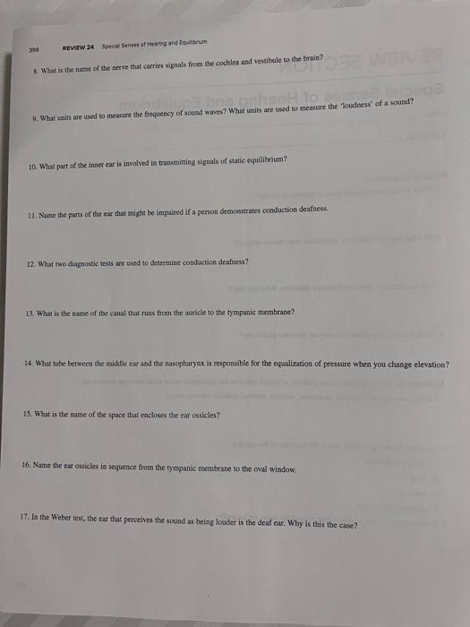 Solved EXERCISE REVIEW SECTION 24 Special Senses of Hearing | Chegg.com