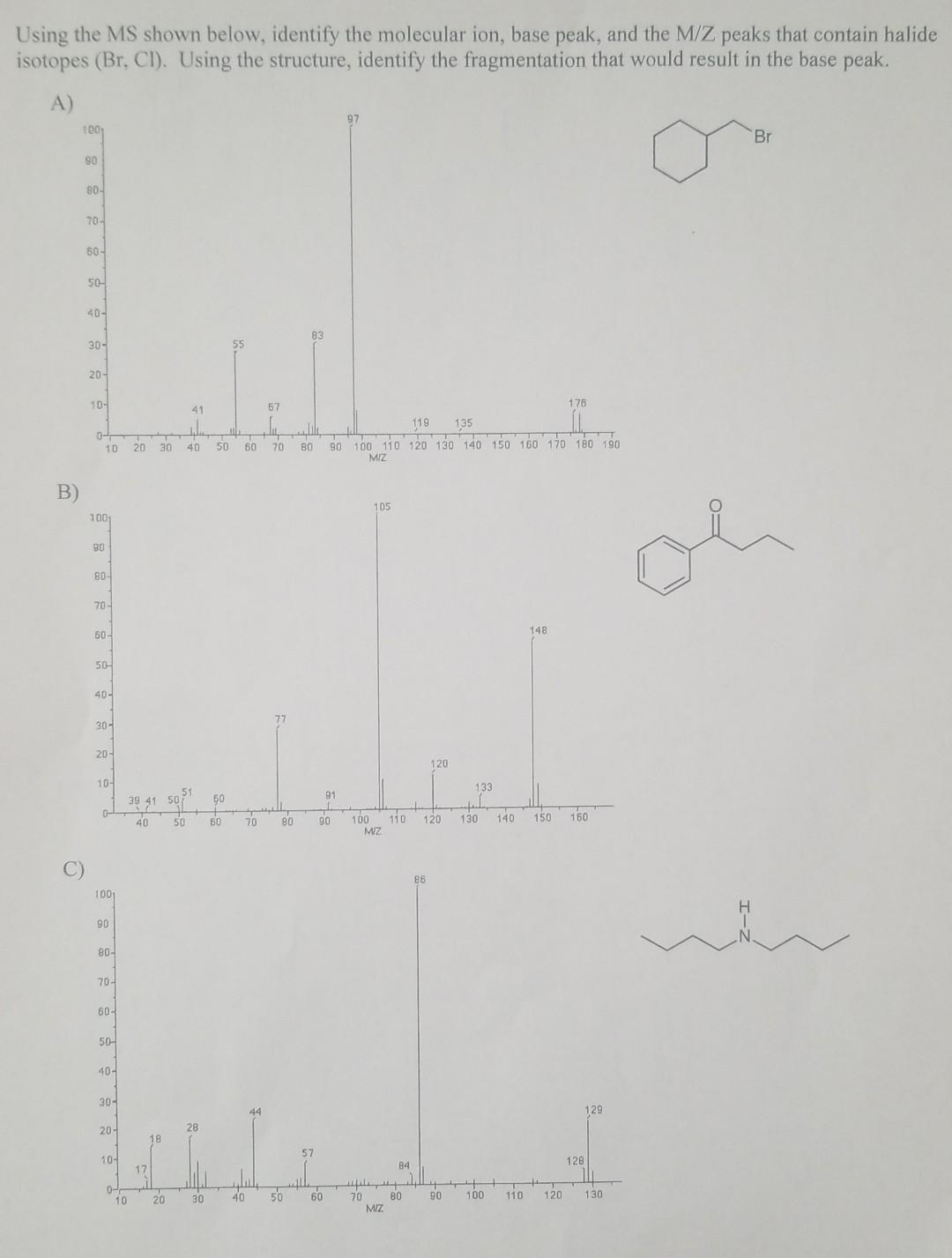 Solved Using the MS shown below, identify the molecular ion, | Chegg.com