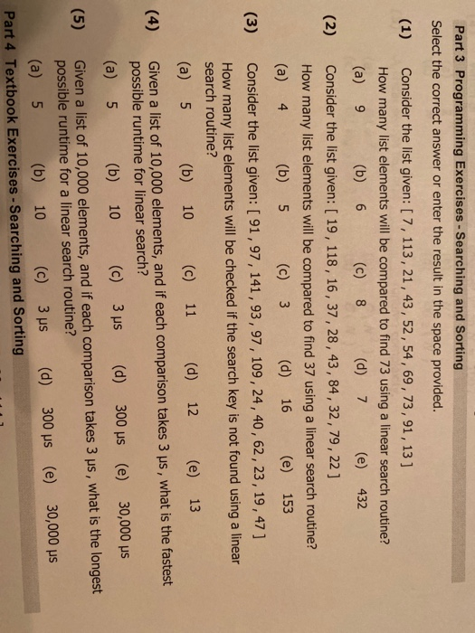 Solved (2) (3) Part 3 Programming Exercises - Searching and | Chegg.com